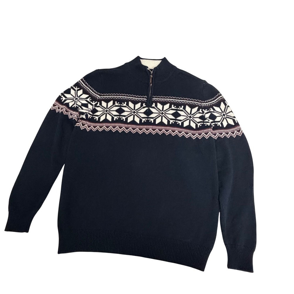 Aspen Mens Large Navy Blue Fair Isle Snowflake Quarter Zip Cotton Sweater Winter